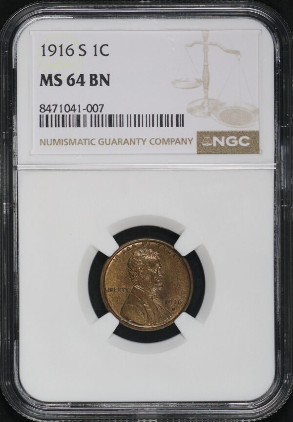 Obverse of this 1916-S Lincoln Cent Wheat Reverse NGC MS-64 BN