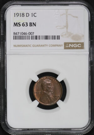 Obverse of this 1918-D Lincoln Cent Wheat Reverse NGC MS-63 BN
