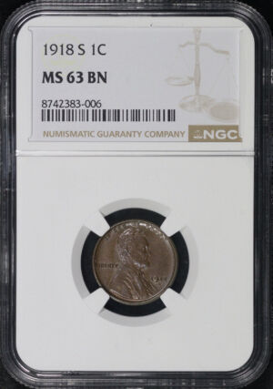 Obverse of this 1918-S Lincoln Cent Wheat Reverse NGC MS-63 BN