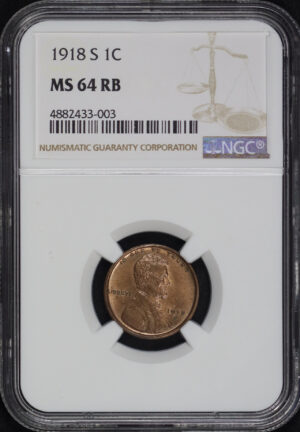 Obverse of this 1918-S Lincoln Cent Wheat Reverse NGC MS-64 RB