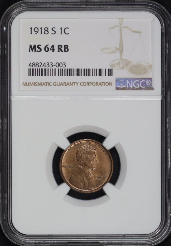 Obverse of this 1918-S Lincoln Cent Wheat Reverse NGC MS-64 RB