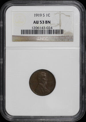 Obverse of this 1919-S Lincoln Cent Wheat Reverse NGC AU-53 BN