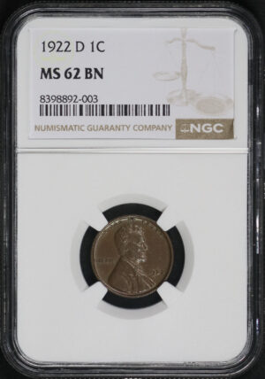 Obverse of this 1922-D Lincoln Cent Wheat Reverse NGC MS-62 BN