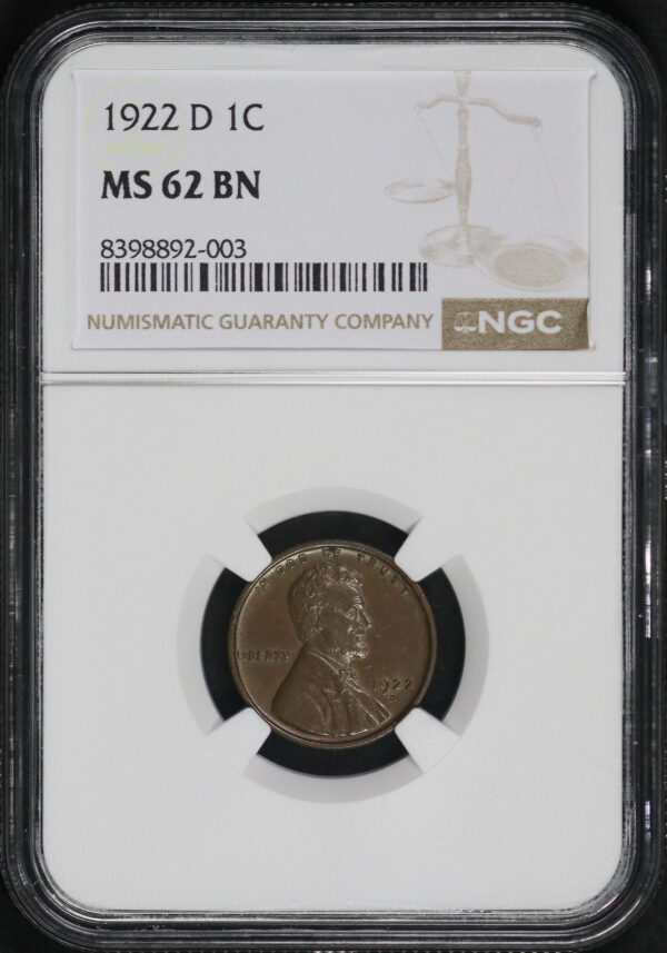 Obverse of this 1922-D Lincoln Cent Wheat Reverse NGC MS-62 BN
