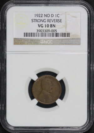 Obverse of this 1922-D No D Lincoln Cent Wheat Reverse Strong Reverse NGC VG-10 BN