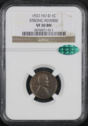 Obverse of this 1922-D No D Lincoln Cent Wheat Reverse Strong Reverse NGC VF-30 BN