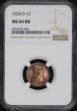 Obverse of this 1924-D Lincoln Cent Wheat Reverse NGC MS-64 RB – Blue & Violet Hue Toning