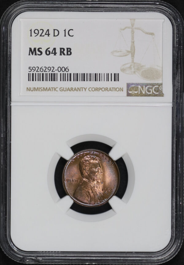 Obverse of this 1924-D Lincoln Cent Wheat Reverse NGC MS-64 RB – Blue & Violet Hue Toning