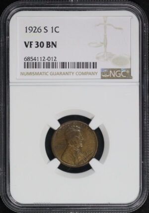 Obverse of this 1926-S Lincoln Cent Wheat Reverse NGC VF-30 BN