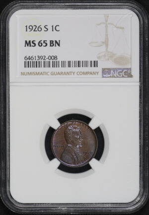Obverse of this 1926-S Lincoln Cent Wheat Reverse NGC MS-65 BN – Blue & Violet Hue Toning