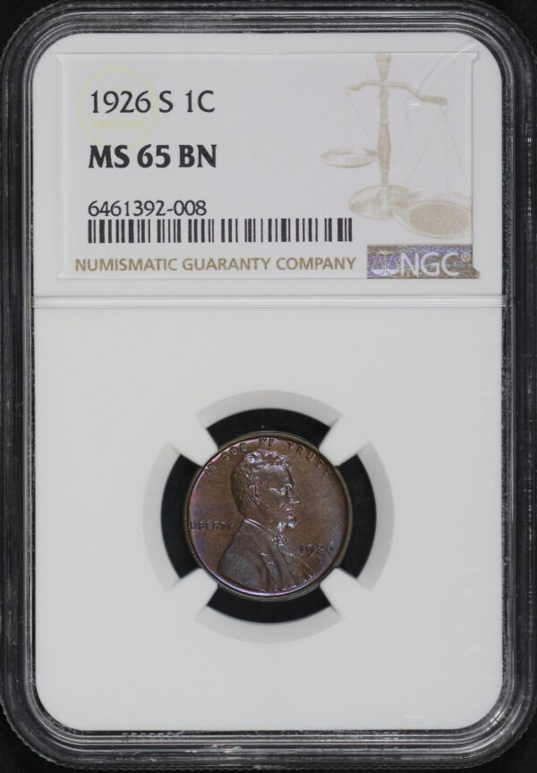 Obverse of this 1926-S Lincoln Cent Wheat Reverse NGC MS-65 BN – Blue & Violet Hue Toning