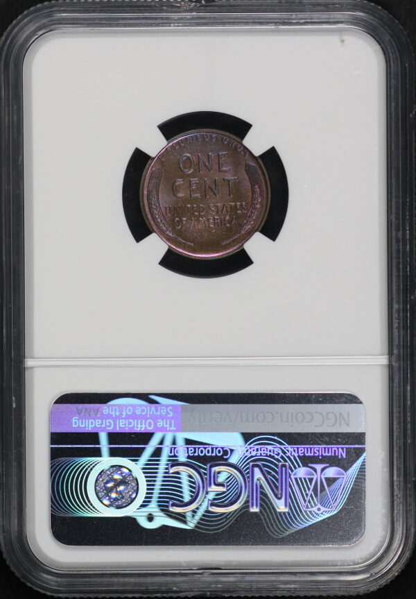 Reverse of this 1926-S Lincoln Cent Wheat Reverse NGC MS-65 BN – Blue & Violet Hue Toning