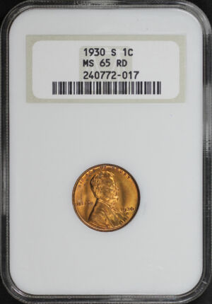 Obverse of this 1930-S Lincoln Cent Wheat Reverse NGC MS-65 RD Old Fatty Holder