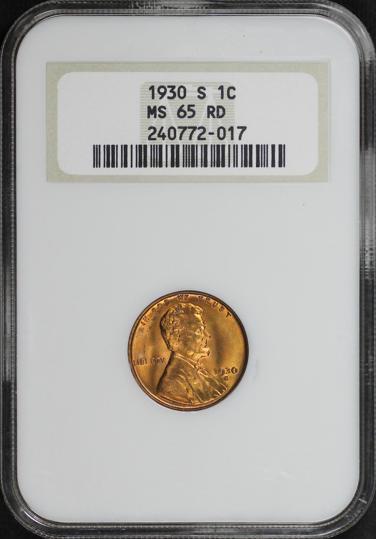 Obverse of this 1930-S Lincoln Cent Wheat Reverse NGC MS-65 RD Old Fatty Holder