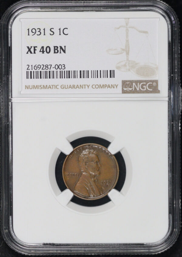 Obverse of this 1931-S Lincoln Cent Wheat Reverse NGC XF-40 BN