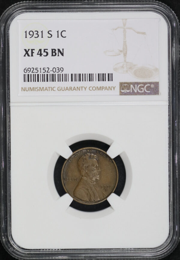 Obverse of this 1931-S Lincoln Cent Wheat Reverse NGC XF-45 BN