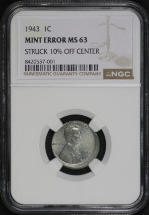 Obverse of this 1943 Lincoln Cent Wheat Reverse NGC MS-63 Struck 10% Off Center Mint Error