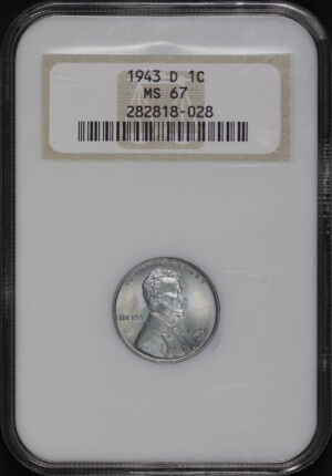 Obverse of this 1943-D Lincoln Cent Wheat Reverse NGC MS-67 Old Fatty Holder