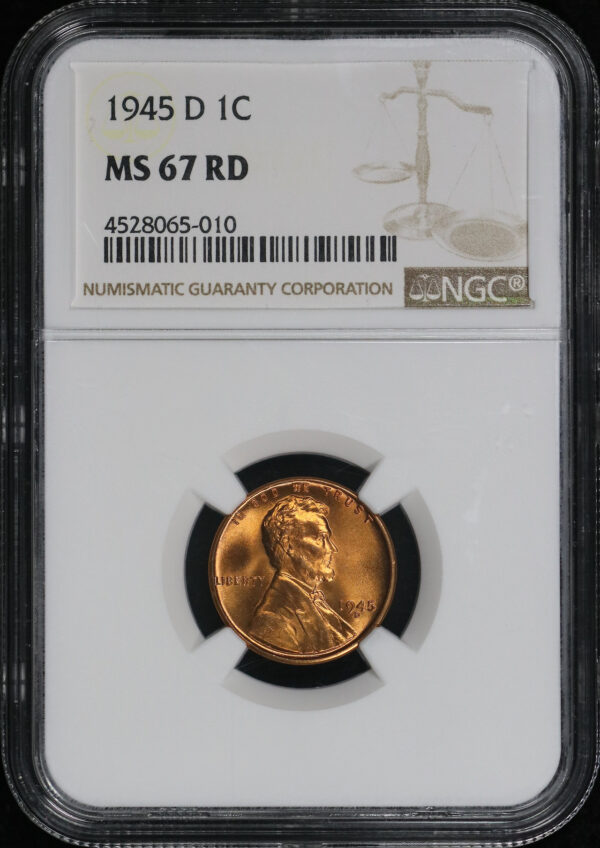 Obverse of this 1945-D Lincoln Cent Wheat Reverse NGC MS-67 RD