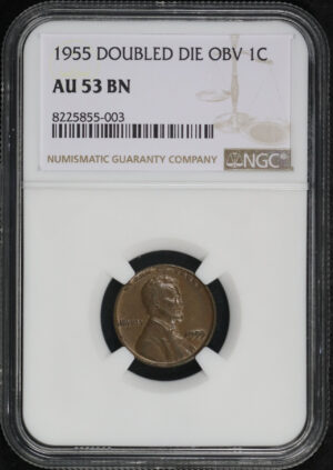 Obverse of this 1955 Doubled Die Obverse Lincoln Cent Wheat Reverse NGC AU-53 BN