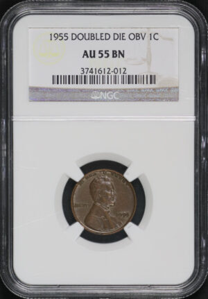 Obverse of this 1955 Doubled Die Obverse Lincoln Cent Wheat Reverse NGC AU-55 BN