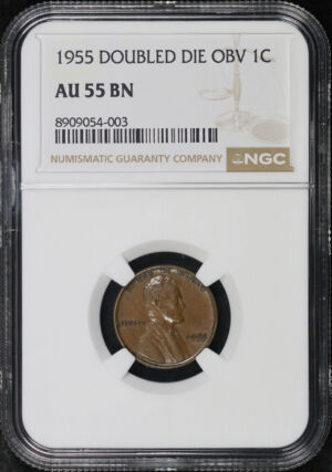 Obverse of this 1955 Lincoln Cent Wheat Reverse Doubled Die Obverse NGC AU-55 BN