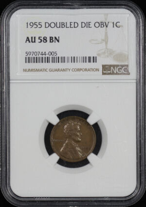 Obverse of this 1955 Doubled Die Obverse Lincoln Cent Wheat Reverse Obverse NGC AU-58 BN