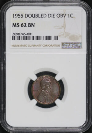 Obverse of this 1955 Doubled Die Obverse Lincoln Cent Wheat Reverse NGC MS-62 BN