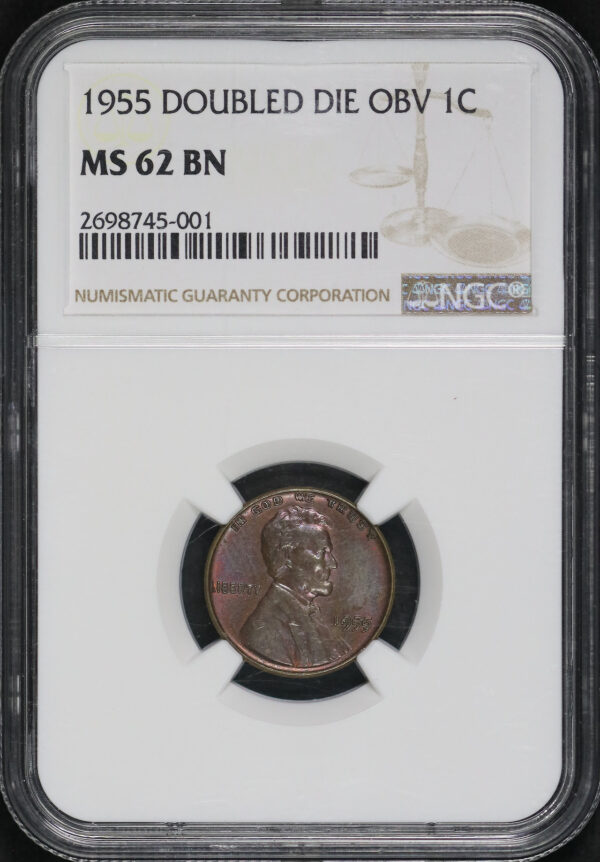 Obverse of this 1955 Doubled Die Obverse Lincoln Cent Wheat Reverse NGC MS-62 BN