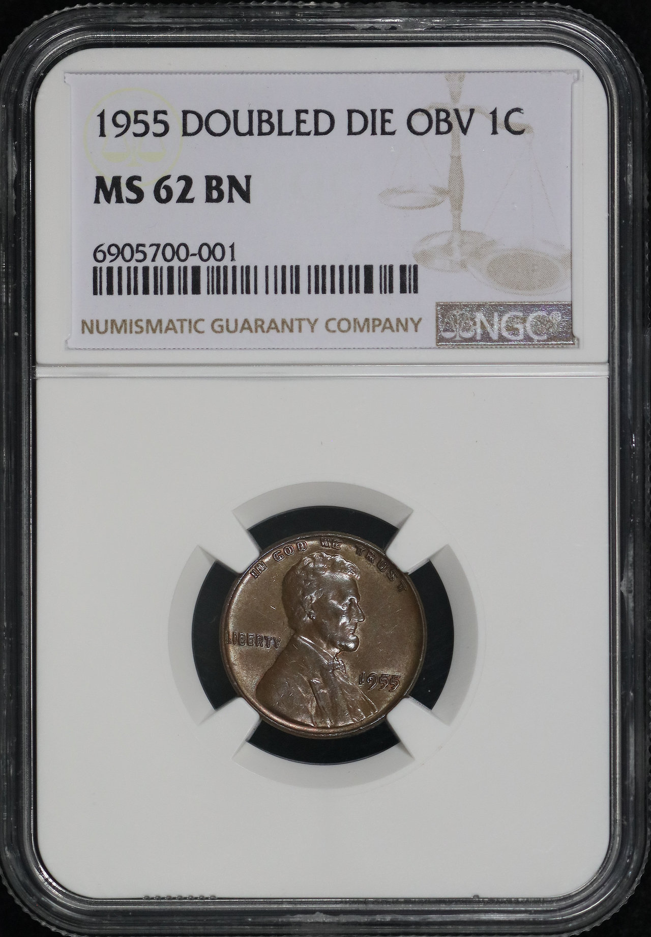 1955 Doubled Die Obverse Lincoln Cent Wheat Reverse Obverse NGC MS-62 ...