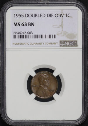 Obverse of this 1955 Doubled Die Obverse Lincoln Cent Wheat Reverse NGC MS-63 BN