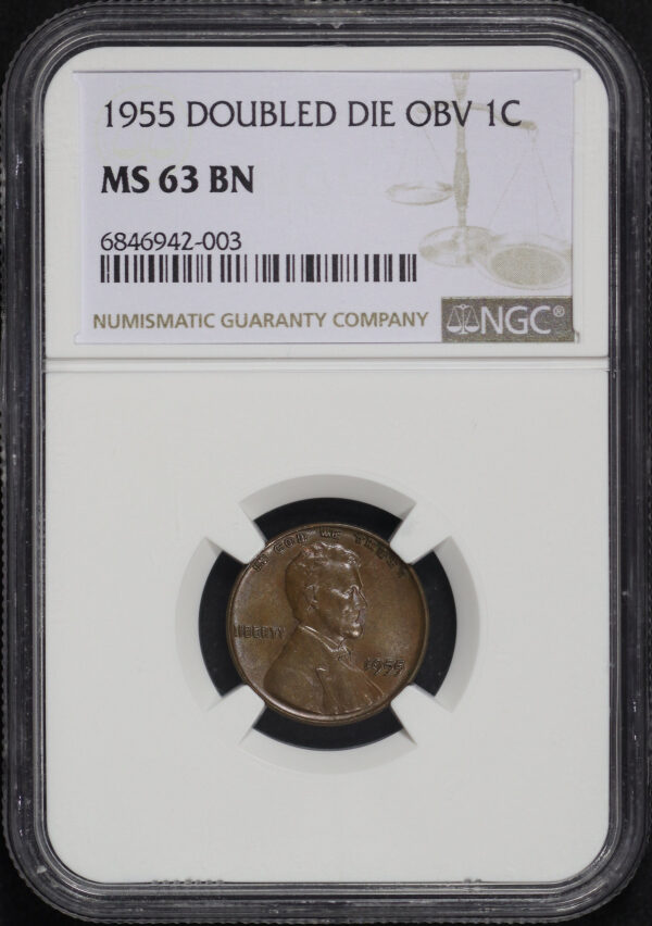 Obverse of this 1955 Doubled Die Obverse Lincoln Cent Wheat Reverse NGC MS-63 BN