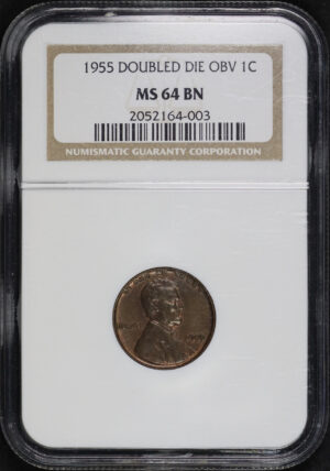 Obverse of this 1955 Doubled Die Obverse Lincoln Cent Wheat Reverse Obverse NGC MS-64 BN