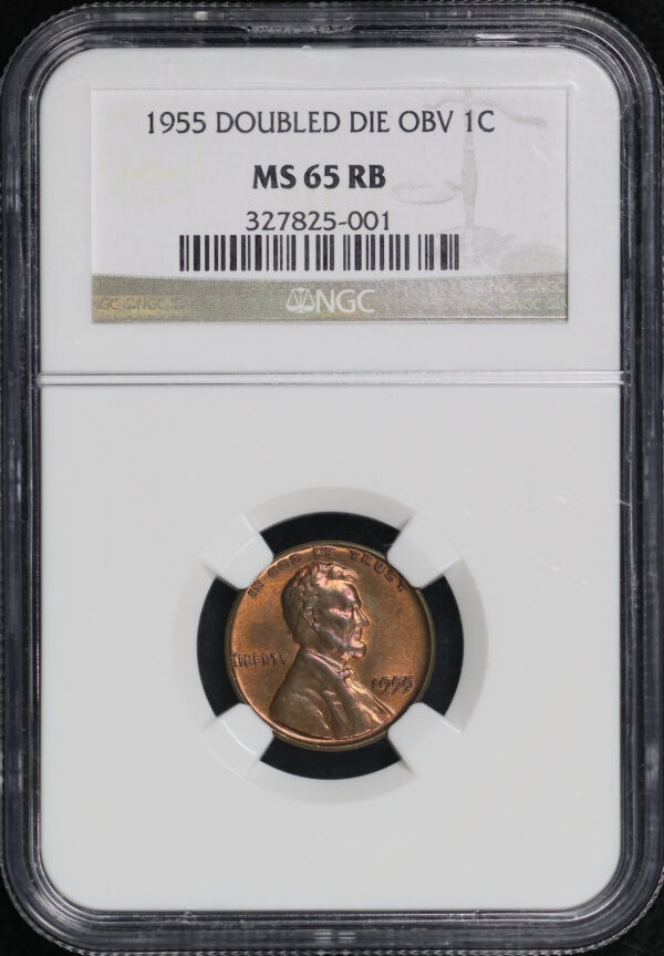 Obverse of this 1955 Doubled Die Obverse Lincoln Cent Wheat Reverse Obverse NGC MS-65 RB