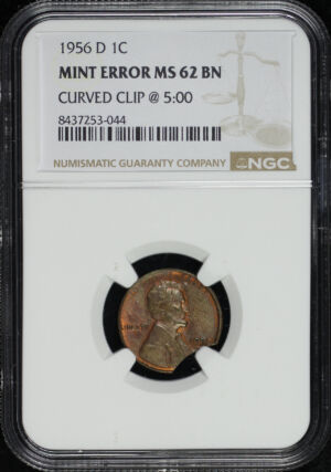 Obverse of this 1956-D Lincoln Cent Wheat Reverse NGC MS-62 BN CURVED CLIP @ 5:00 Mint Error