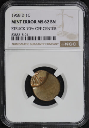Obverse of this 1968-D Lincoln Cent Modern NGC MS-62 BN Mint Erro Struck 70% Off Center