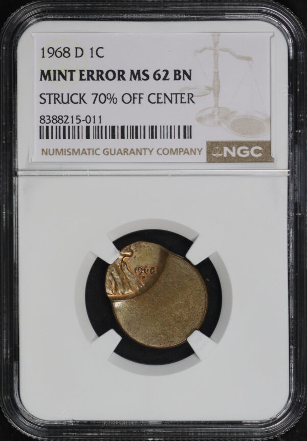 Obverse of this 1968-D Lincoln Cent Modern NGC MS-62 BN Mint Erro Struck 70% Off Center