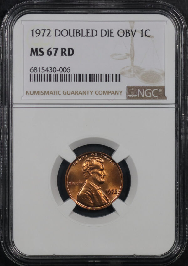 Obverse of this 1972 Doubled Die Obverse Lincoln Cent Modern NGC MS-67 RD