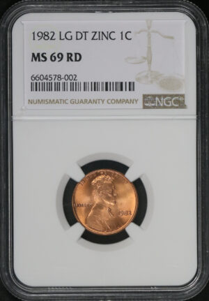 Obverse of this 1982 LG DT Zinc Lincoln Cent Modern Large Date NGC MS-69 RD