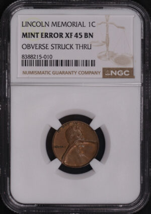 Obverse of this No Date Lincoln Memorial Cent NGC XF-45 BN Mint Error Obverse Struck Thru