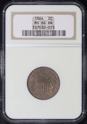Obverse of this 1864 Two Cent Large Motto NGC MS-64 BN