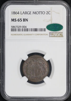 Obverse of this 1864 Two Cent Large Motto NGC MS-65 BN CAC