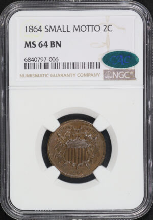Obverse of this 1864 Two Cent Small Motto NGC MS-64 BN CAC