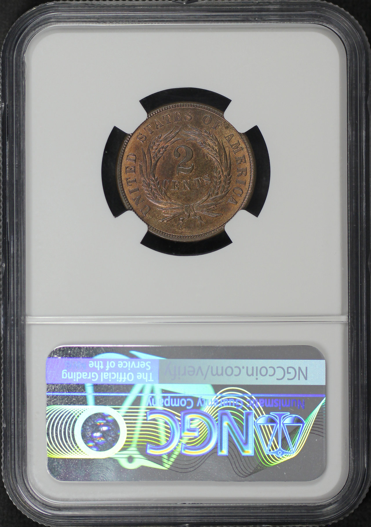 Reverse of this 1865 Two Cent NGC MS-64 RB Mint Error Obverse Struck Thru