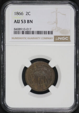 Obverse of this 1866 Two Cent NGC AU-53 BN