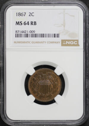 Obverse of this 1867 Two Cent NGC MS-64 RB