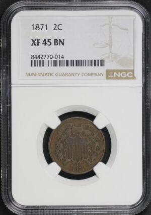 Obverse of this 1871 Two Cent NGC XF-45 BN