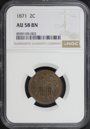 Obverse of this 1871 Two Cent NGC AU-58 BN