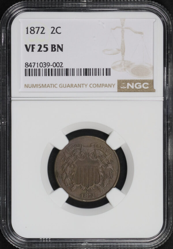 Obverse of this 1872 Two Cent NGC VF-25 BN
