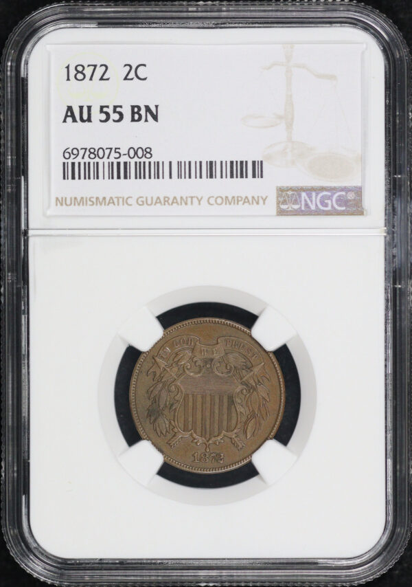 Obverse of this 1872 Two Cent NGC AU-55 BN